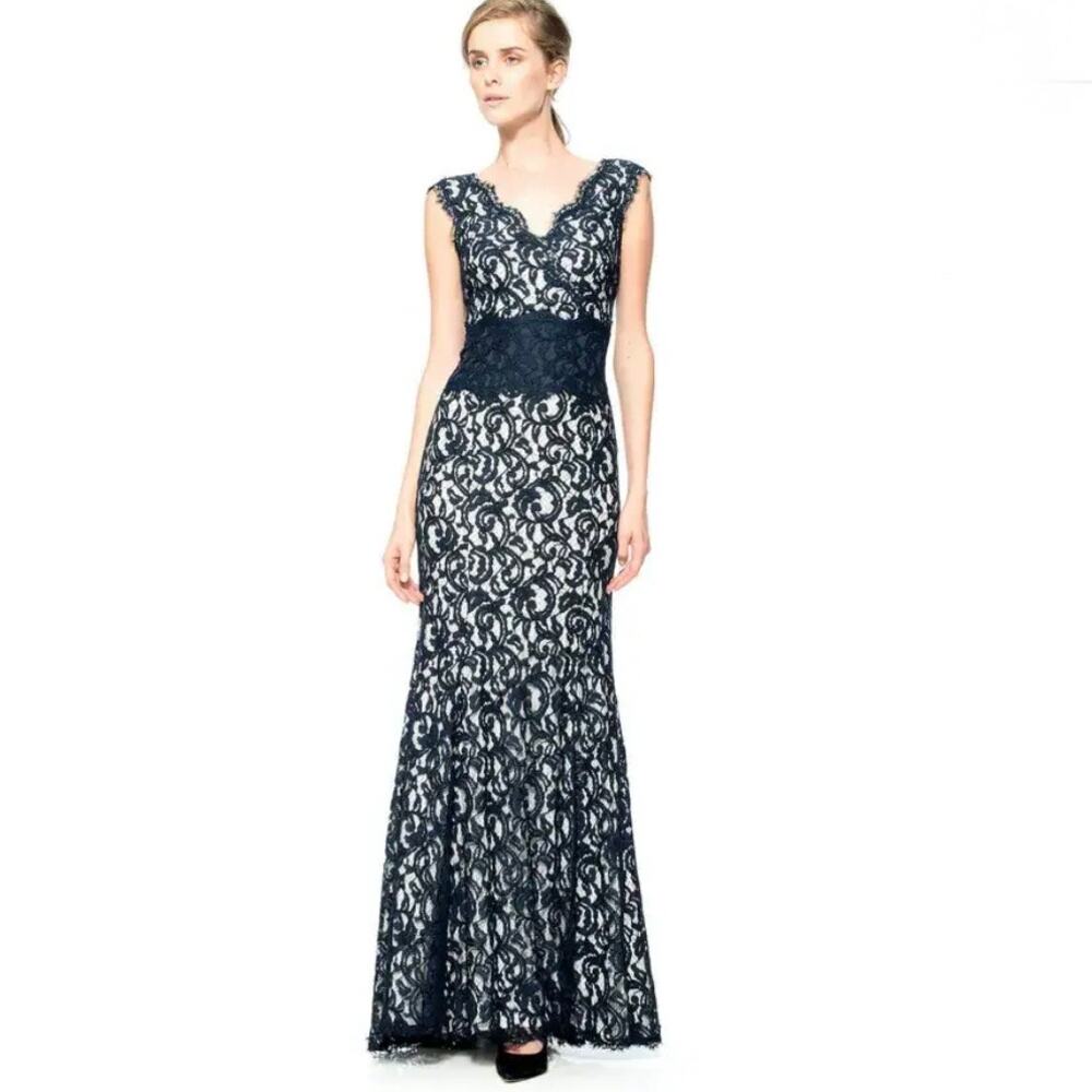 TADASHI SHOJI Contrast Lace Waist Gown Evening Floor Length Formal Navy,12/Large